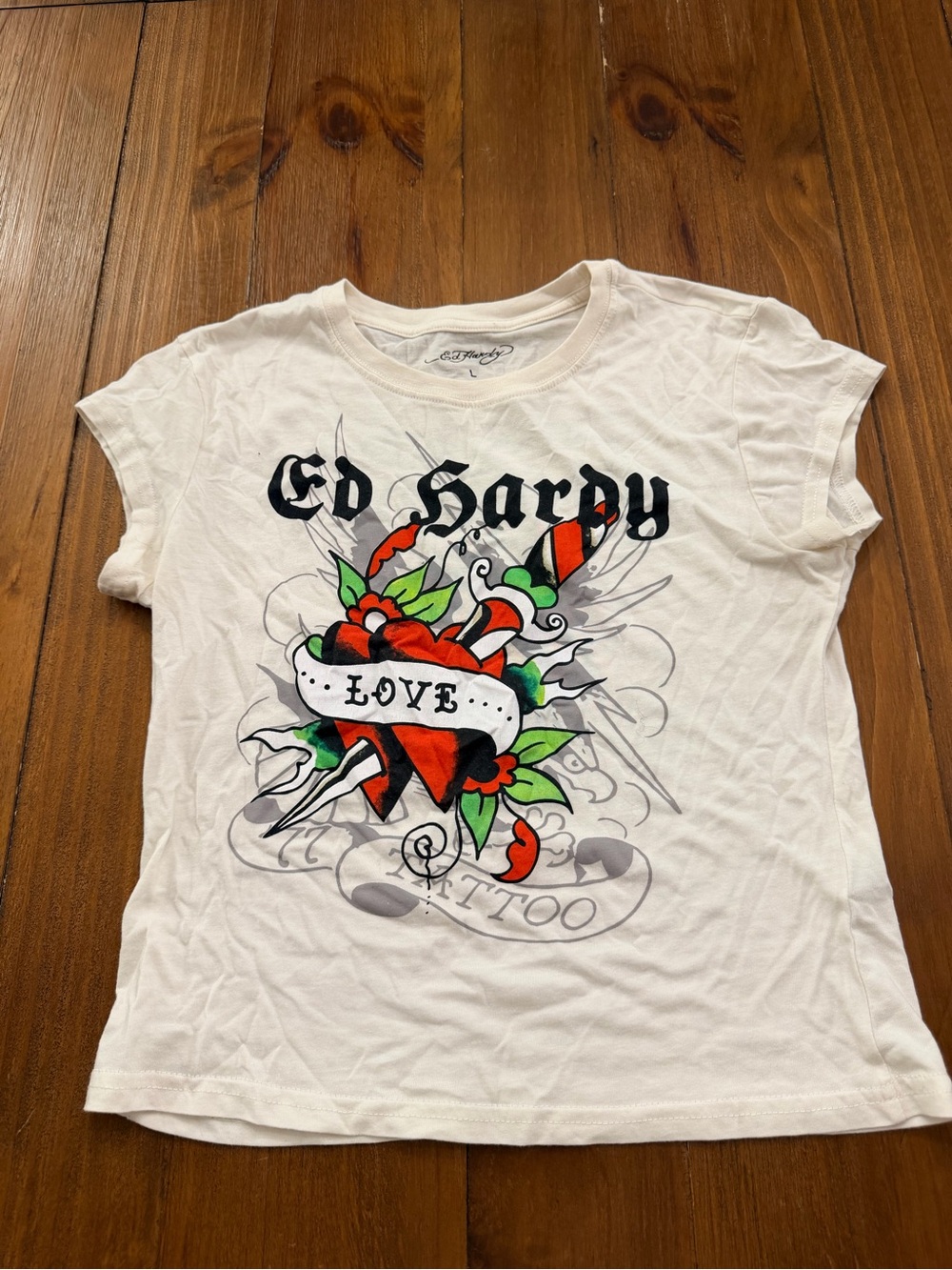 Ed Hardy White Short-Sleeve Tee with Red & Green Tattoo Heart Graphic